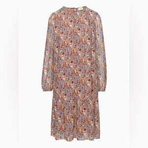 Aritzia Wilfred Miriam Dress Size XS Ruffle Trapeze Midi Ditzy Floral Tan Blue